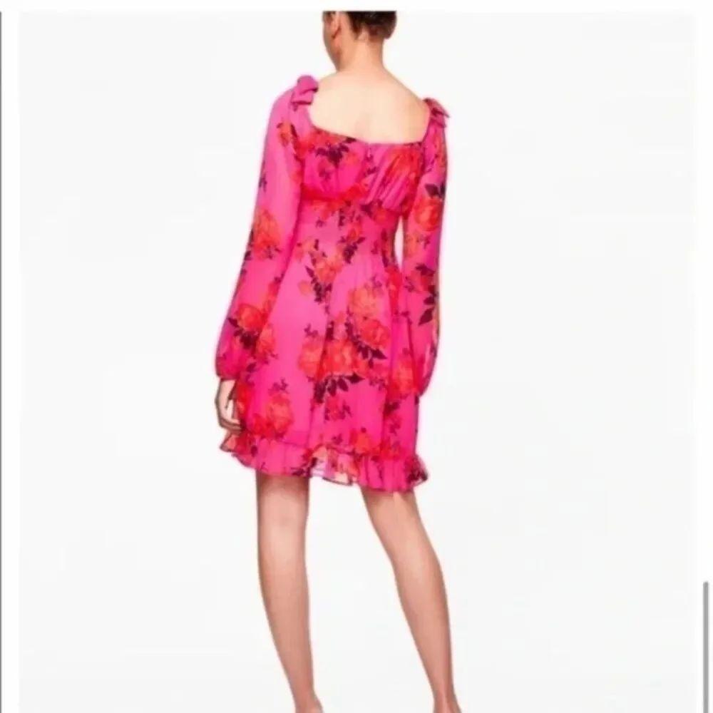 Betsey Johnson Smocked Hot Pink Floral Babydoll Mini Dress w/ Long Sleeves Sz 6 - Picture 2 of 8